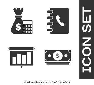 Set Stacks paper money cash, Calculator with money bag, Presentation financial board with graph, schedule, chart, diagram, infographic, pie graph and Address book icon. Vector