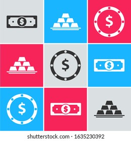 Set Stacks paper money cash, Gold bars and Coin money with dollar symbol icon. Vector