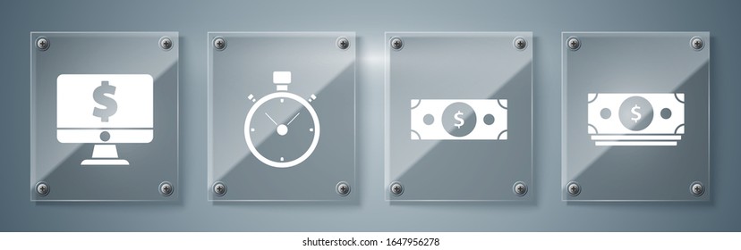 Set Stacks paper money cash, Stacks paper money cash, Stopwatch and Computer monitor with dollar symbol. Square glass panels. Vector