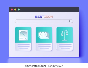 Set Stacks paper money cash, Delete file document and Scales of justice icon. Vector