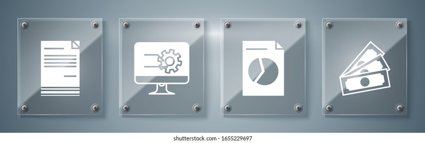 Set Stacks paper money cash, Document with graph chart, Computer monitor with graph chart and Document. Square glass panels. Vector