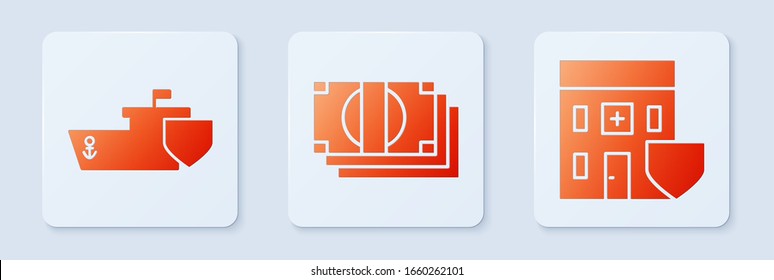 Set Stacks paper money cash, Ship with shield and Medical hospital building with shield. White square button. Vector