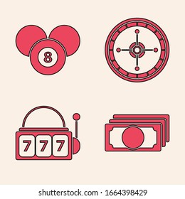 Set Stacks paper money cash, Billiard pool snooker 8 ball, Casino roulette wheel and Slot machine with lucky sevens jackpot icon. Vector