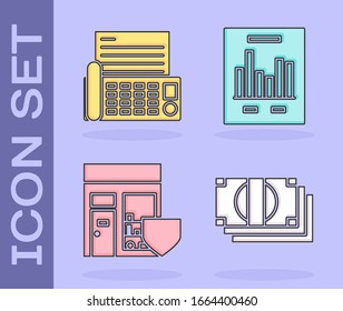 Set Stacks paper money cash, Fax machine, Shopping building with shield and Document with graph chart icon. Vector