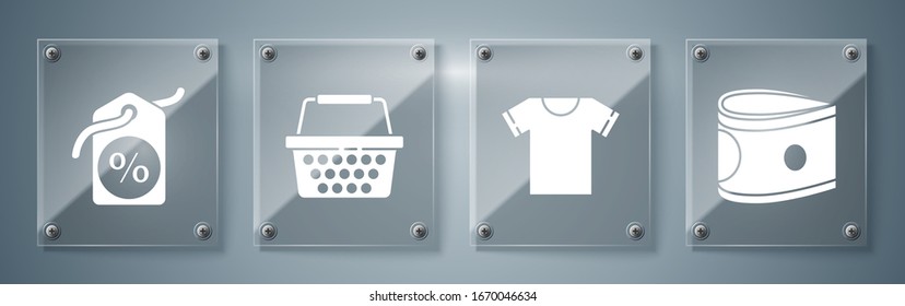 Set Stacks paper money cash, T-shirt, Shopping basket and Discount percent tag. Square glass panels. Vector