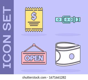 Set Stacks paper money cash, Paper check and financial check, Hanging sign with Open and Leather belt icon. Vector