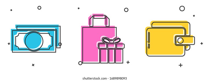 Set Stacks paper money cash, Gift box and Wallet icon. Vector