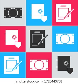 Set Stacks paper money cash, Safe with shield and Blank notebook and pen icon. Vector