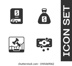 Set Stacks paper money cash, Financial book, Online internet auction and Money bag icon. Vector