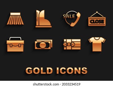 Set Stacks paper money cash, Hanging sign with Closed, T-shirt, Gift box, Briefcase, Telephone 24 hours support, Skirt and Waterproof rubber boot icon. Vector