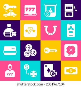 Set Stacks paper money cash, Casino slot machine, Lucky wheel phone, chips exchange, Money bag, Car gift and Horseshoe icon. Vector