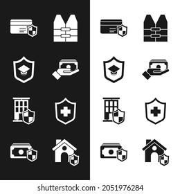 Set Stacks paper money cash, Graduation cap with shield, Credit card, Life jacket, House, Health insurance,  and Money icon. Vector