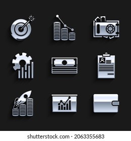 Set Stacks paper money cash, Board with graph chart, Wallet, Clipboard resume, Rocket flying up coins growth, Pie infographic, Safe and and Target icon. Vector