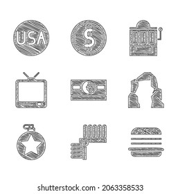 Set Stacks paper money cash, Indian headdress with feathers, Burger, Grand canyon, Canteen water bottle, Retro tv, Slot machine and USA label icon. Vector