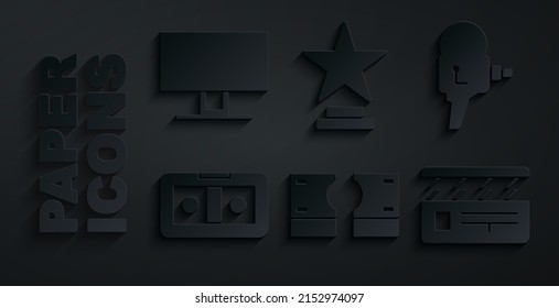 Set Stacks Paper Money Cash, Retro Cinema Camera, VHS Video Cassette Tape, Movie Clapper, Trophy And Smart Tv Icon. Vector