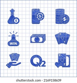 Set Stacks paper money cash, Casino chips, Playing card with clubs symbol, diamonds, Hand holding deck of playing cards, win, dollar and Money bag casino icon. Vector