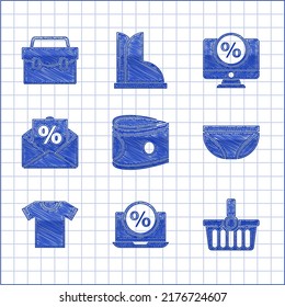 Set Stacks paper money cash, Percent discount and laptop, Shopping basket, Underwear, T-shirt, Envelope with interest, monitor and Briefcase icon. Vector