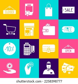 Set Stacks paper money cash, Hanging sign with Open, Price tag text Free, Paper shopping bag, Shopping building or market store, cart, Closed and Wallet icon. Vector