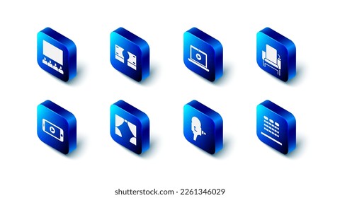 Set Stacks paper money cash, Online play video, Cinema chair, auditorium with seats, Retro cinema camera, Curtain,  and screen icon. Vector