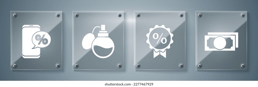 Set Stacks paper money cash, Discount percent tag, Perfume and Percent discount and phone. Square glass panels. Vector