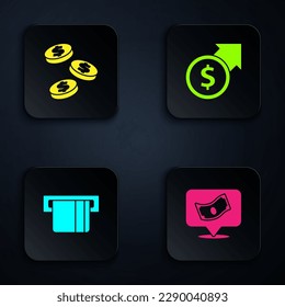 Set Stacks paper money cash, Coin with dollar, Credit card inserted and Financial growth and. Black square button. Vector