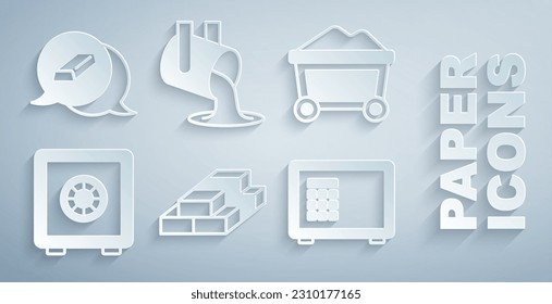 Set Stacks paper money cash, Mine cart with gold, Safe, Molten being poured and Gold bars icon. Vector