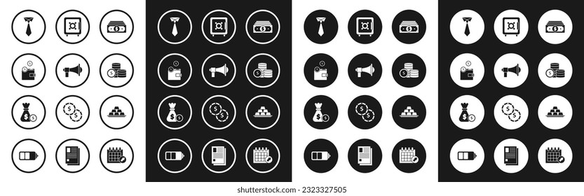 Set Stacks paper money cash, Megaphone, Wallet with coins, Tie, Coin dollar symbol, Safe, Gold bars and Money bag and icon. Vector