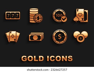 Set Stacks paper money cash, Playing card with heart, Billiard pool snooker 8 ball, Casino chip dollar, diamonds, chips, Slot machine lucky sevens jackpot and  icon. Vector
