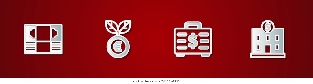 Set Stacks paper money cash, Euro plant, Briefcase and and Bank building icon. Vector