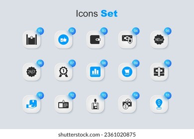 Set Stacks paper money cash, Medal, Hand like, Delivery hand with box, Cash location pin, Paper shopping bag and Pie chart infographic icon. Vector