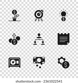 Set Stacks paper money cash, Notebook, Gear with dollar symbol, Employee hierarchy, Light bulb, Dollar plant, Target financial goal and Financial growth icon. Vector