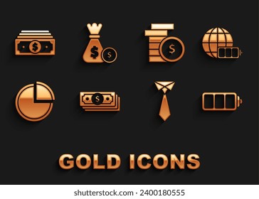 Set Stacks paper money cash, Battery charge level indicator with earth globe, Tie, Pie chart infographic, Coin dollar symbol,  and Money bag and coin icon. Vector