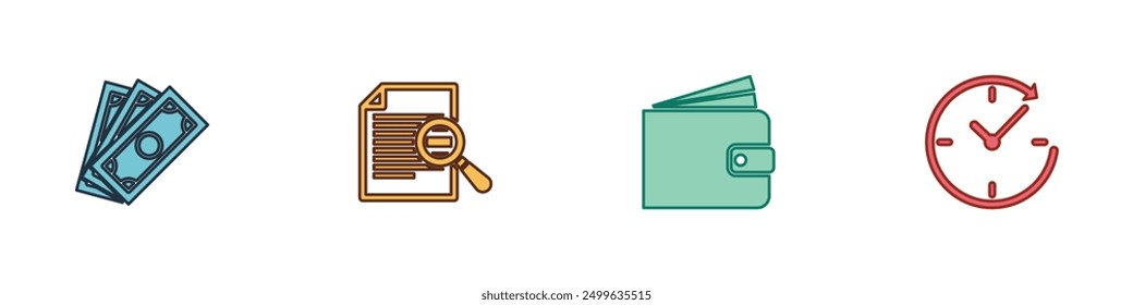 Set Stacks paper money cash, Document with search, Wallet and Clock arrow icon. Vector