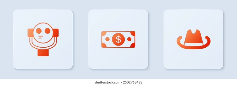 Set Stacks paper money cash, Tourist binoculars and Western cowboy hat. White square button. Vector