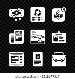 Set Stacks paper money cash, Pie chart infographic, Mobile stock trading, Trading courses, Business finance report, Briefcase,  and Failure stocks market icon. Vector