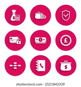 Set Stacks paper money cash, Wallet with with dollar symbol, Coin pound sterling, Business hierarchy organogram chart infographics, Credit card lock, Shield check mark and Calculator bag icon. Vector