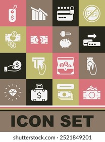 Set Stacks paper money cash, Fast payments, Pos terminal, Credit card with lock, Tearing banknote, Price tag dollar and Piggy and hammer icon. Vector