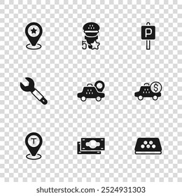 Set Stacks paper money cash, Taximeter device, car roof, Location taxi, Parking, with star, service rating and Wrench spanner icon. Vector