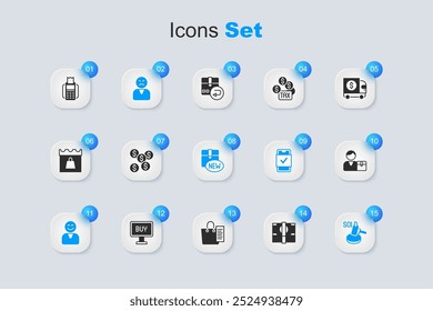Set Stacks paper money cash, Dollar symbol, Angry customer, Happy, Auction hammer, Buyer, POS terminal and New collection icon. Vector