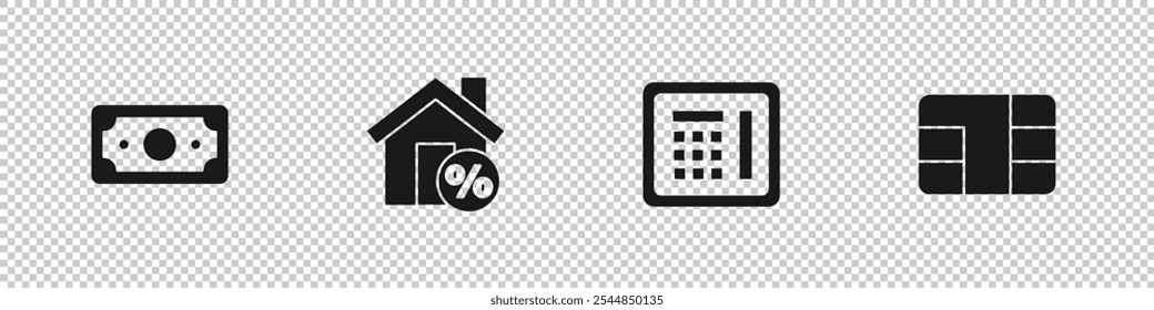 Set Stacks paper money cash, House with percant discount, Safe and Credit card chip icon. Vector