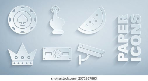 Set Stacks paper money cash, Casino slot machine with watermelon, King playing card, Security camera, Hand holding casino chips and  icon. Vector