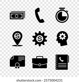 Set Stacks paper money cash, Telephone handset, Stopwatch, Certificate template, Briefcase and Phone book icon. Vector