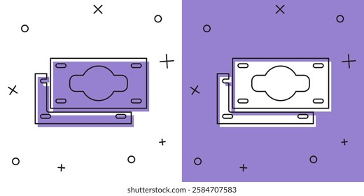 Set Stacks paper money cash icon isolated on white and purple background. Money banknotes stacks. Bill currency.  Vector