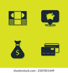 Set Stacks paper money cash, Credit card, Money bag and Piggy bank icon. Vector
