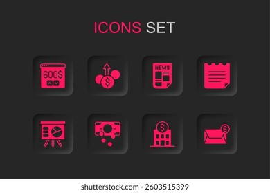 Set Stacks paper money cash, Financial growth dollar, Monitor with, Bank building, Notebook, Mail and e-mail, News and Board graph icon. Vector