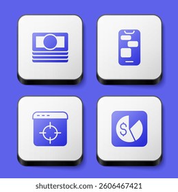 Set Stacks paper money cash, Mobile 24 hours support, Target financial goal and Market analysis icon. White square button. Vector