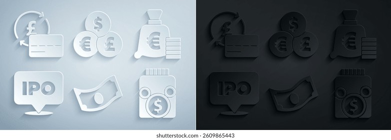Set Stacks paper money cash, Coin with euro symbol, IPO, Glass jar coin, Currency exchange and Credit card icon. Vector