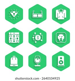Set Stacks paper money cash, Wine glass, Stereo speaker, Rapper, Winter hat, Drum machine music, Hoodie and Diamond icon. Vector