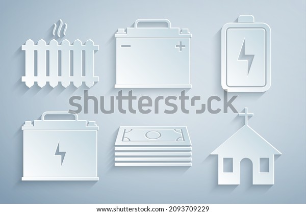 Set Stacks paper money\
cash, Battery, Car battery, Church building,  and Heating radiator\
icon. Vector