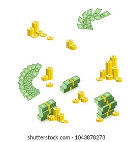 Set of stacks, piles and fan of dollars, banknotes, bills and coins, flat style vector illustration isolated on white background. Set of money - dollars, banknotes, bills and coins